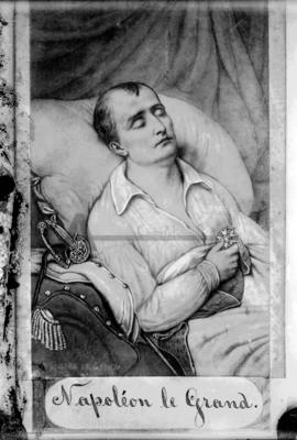 Reprodução de pintura representando Napoleão Bonaparte no leito de morte em Santa Helena