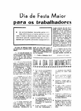 Recorte de imprensa com autorização da Junta de Salvação Nacional sobre o dia 1 de Maio como dia da festa maior para os trabalhadores portugueses e como tal decretado feriado nacional.